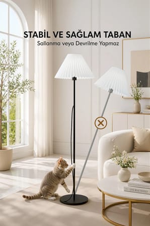 Metal Ayaklı Lambader Umbrella Pileli Beyaz Kumaş Başlık Retro Modern Bohem Lamba 150 cm LAM02
