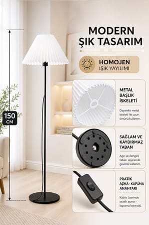 Metal Ayaklı Lambader Umbrella Pileli Beyaz Kumaş Başlık Retro Modern Bohem Lamba 150 cm LAM02