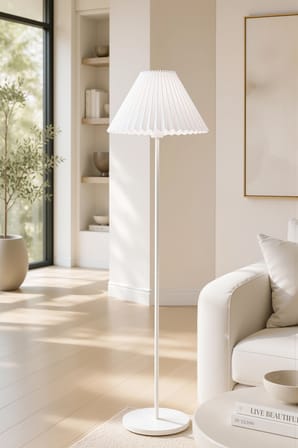 Beyaz Metal Lambader Tek Ayaklı Kırma Pileli Beyaz Kumaş Başlık İthal Modern Retro 150 cm LAM03