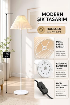 Lora Metal Lambader 150 cm Tek Ayaklı Umbrella Krem Kırma Kumaş Başlık Abajur LAM04