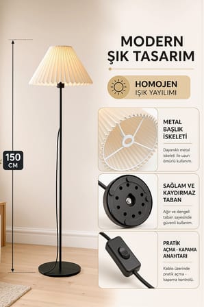 Metal Lambader Siyah Tek Ayaklı Lamba Krem Modern Kırma Kumaş Başlık LAM07