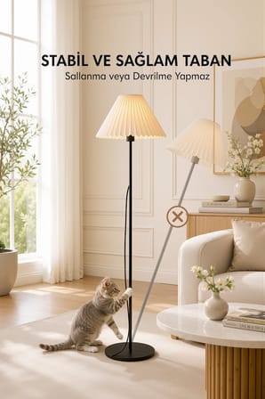 Metal Lambader Siyah Tek Ayaklı Lamba Krem Modern Kırma Kumaş Başlık LAM07