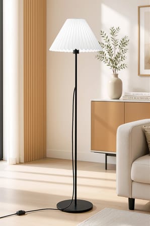 Siyah Metal Lambader 150 cm Tek Ayaklı Pileli Beyaz Modern Kumaş Başlık  LAM08
