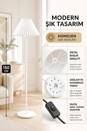Metal Beyaz Lambader 150 cm İthal Beyaz Kumaş Pileli Kırma Modern Başlık LAM10