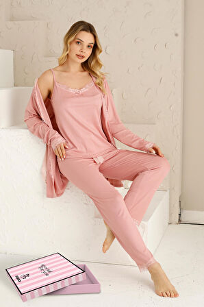 Sabahlıklıklı 3 Parça Çeyizlik Kutulu Kadın Pijama Takımı- Dantelli Kutulu Kadın Pijama- Geniş Beden Aralığı