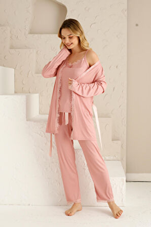 Sabahlıklıklı 3 Parça Çeyizlik Kutulu Kadın Pijama Takımı- Dantelli Kutulu Kadın Pijama- Geniş Beden Aralığı