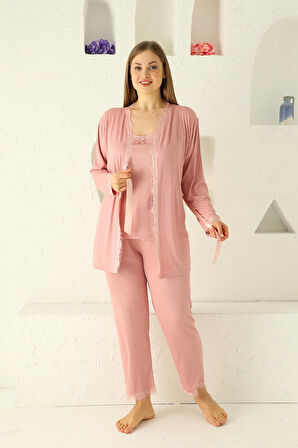 Sabahlıklıklı 3 Parça Çeyizlik Kutulu Kadın Pijama Takımı- Dantelli Kutulu Kadın Pijama- Geniş Beden Aralığı