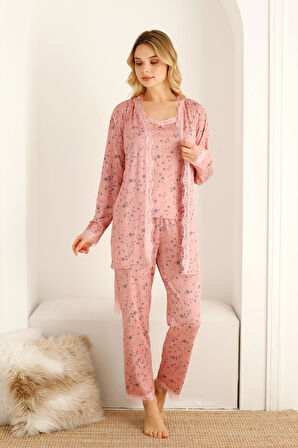 Sabahlıklıklı 3 Parça Çeyizlik Kutulu Kadın Pijama Takımı- Dantelli Kutulu Kadın Pijama- Geniş Beden Aralığı