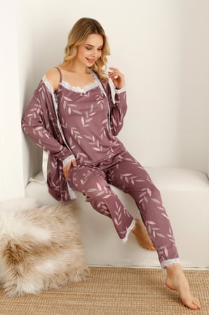 Sabahlıklıklı 3 Parça Çeyizlik Kutulu Kadın Pijama Takımı- Dantelli Kutulu Kadın Pijama- Geniş Beden Aralığı