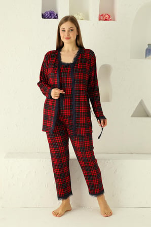 Sabahlıklıklı 3 Parça Çeyizlik Kutulu Kadın Pijama Takımı- Dantelli Kutulu Kadın Pijama- Geniş Beden Aralığı