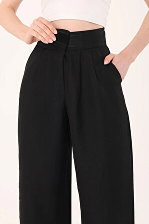 Kadın Siyah Cırtlı Keten Palazzo Pantolon
