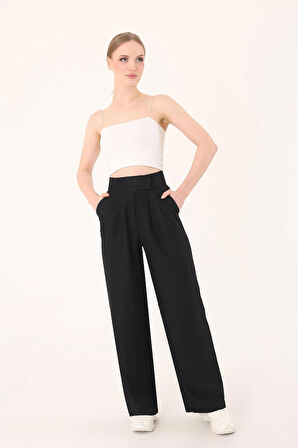 Kadın Siyah Cırtlı Keten Palazzo Pantolon