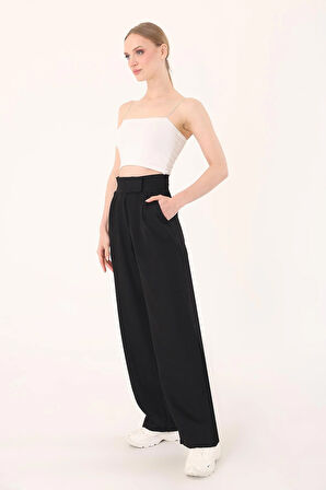 Kadın Siyah Cırtlı Keten Palazzo Pantolon