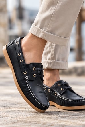 Marin Boat Shoe, %100 Hakiki Deri Siyah Bej Kauçuk Taban Erkek Boat Shoe Mokasen Laofer Casual Aaya
