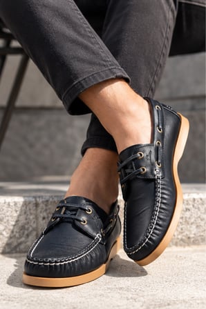 Marin Boat Shoe, %100 Hakiki Deri Siyah Bej Kauçuk Taban Erkek Boat Shoe Mokasen Laofer Casual Aaya