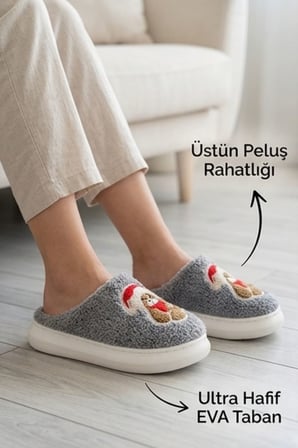Unisex Ultra Hafif Yumuşak Peluş Kaymaz Taban Anne Çocuk Misafir Ayıcık Desenli Ev Terliği