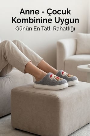 Unisex Ultra Hafif Yumuşak Peluş Kaymaz Taban Anne Çocuk Misafir Ayıcık Desenli Ev Terliği