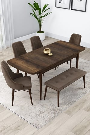 Lia Serisi 80x132 Açılabilir Mutfak Masası Takımı Barok Desen Masa 4 Kahverengi Sandalye 1 Bench