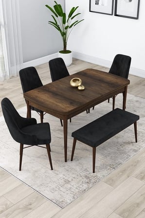 Lia Serisi 80x132 Açılabilir Mutfak Masa Takımı Barok Ahşap Desen Masa 4 Siyah Sandalye 1 Bench