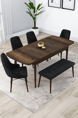Lia Serisi 80x132 Açılabilir Mutfak Masa Takımı Barok Ahşap Desen Masa 4 Siyah Sandalye 1 Bench