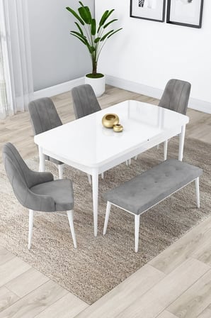 Lia Serisi Beyaz Masa Açılabilir 80x132 Mutfak Masa Takımı 4 Gri Sandalye 1 Bench