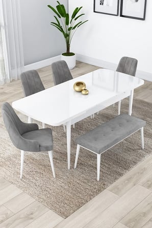Lia Serisi Beyaz Masa Açılabilir 80x132 Mutfak Masa Takımı 4 Gri Sandalye 1 Bench