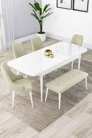 Lia Serisi Açılabilir Mutfak Masası Takımı 80x132 Beyaz Masa 4 Krem Sandalye 1 Bench