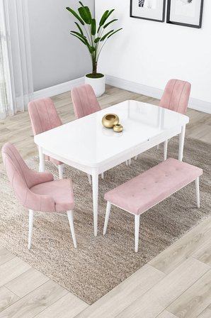 Lia Serisi 80x132 Açılabilir Mutfak Masası Takımı Beyaz Masa 4 Pembe Sandalye 1 Bench