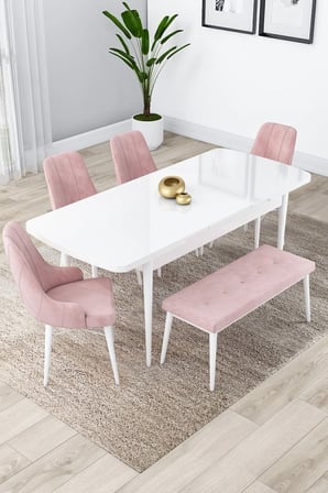 Lia Serisi 80x132 Açılabilir Mutfak Masası Takımı Beyaz Masa 4 Pembe Sandalye 1 Bench