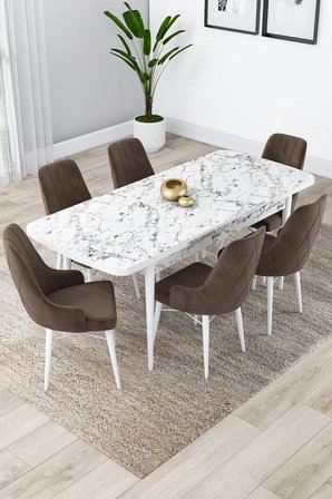 Lia Serisi 80x132 Açılabilir Mutfak Masası Takımı Beyaz Mermer Desen Masa 6 Kahverengi Sandalye