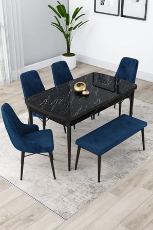 Lia Serisi 80x132 Açılabilir Mutfak Masası Takımı Siyah Mermer Masa 4 Lacivert Sandalye 1 Bench