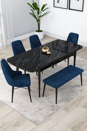 Lia Serisi 80x132 Açılabilir Mutfak Masası Takımı Siyah Mermer Masa 4 Lacivert Sandalye 1 Bench