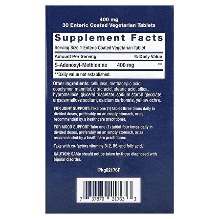 Life Extension Same S-Adenosyl-Methionine 400 mg Brain & Cognitive Mood Health Liver Health and Joint Support 30 Tablet
