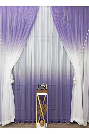 Lila Renkli Renk Geçişli Değrade Sağ/Sol Takım Tül Fon Perde