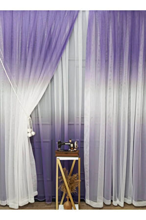 Lila Renkli Renk Geçişli Değrade Sağ/Sol Takım Tül Fon Perde