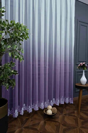 Lila Renk Geçişli Etek Nakışlı Degrade Tül Perde 2 Kat Pileli Tül Perde