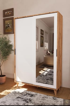 Liminal Atlantik Çam Gövde Beyaz Kapak 2 Sürgü Kapaklı Aynalı 8 Bölmeli Vestiyer, Portmanto, Askılık, Ayakkabılık