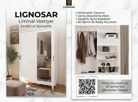 Liminal Aynalı Vestiyer – 8 Raflı, Sürgü Kapaklı Portmanto & Askılık, Beyaz / Antrasit