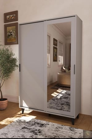Liminal Aynalı Vestiyer – 8 Raflı, Sürgü Kapaklı Portmanto & Askılık, Taş Gri