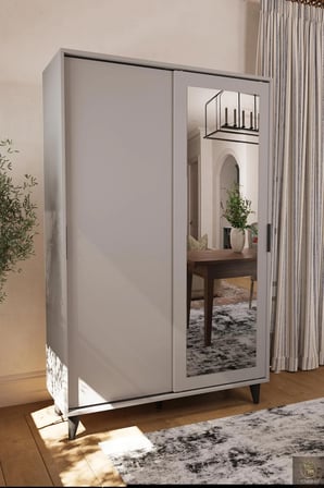 Liminal Aynalı Vestiyer – 8 Raflı, Sürgü Kapaklı Portmanto & Askılık, Taş Gri