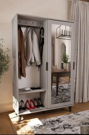 Liminal Aynalı Vestiyer – 8 Raflı, Sürgü Kapaklı Portmanto & Askılık, Taş Gri
