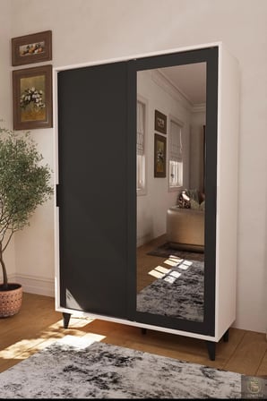 Liminal Aynalı Vestiyer – 8 Raflı, Sürgü Kapaklı Portmanto & Askılık, Vizon Bej / Antrasit