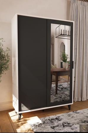 Liminal Aynalı Vestiyer – 8 Raflı, Sürgü Kapaklı Portmanto & Askılık, Vizon Bej / Antrasit