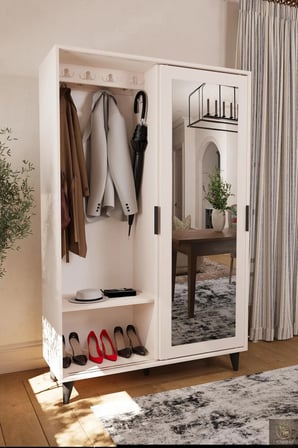Liminal Aynalı Vestiyer – 8 Raflı, Sürgü Kapaklı Portmanto & Askılık, Vizon Bej