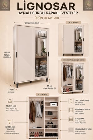 Liminal Aynalı Vestiyer – 8 Raflı, Sürgü Kapaklı Portmanto & Askılık, Vizon Bej