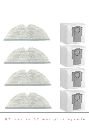 Roborock Q7 Max Ve Max Plus Uyumlu 4 Adet Paspas Mop Ve 4 Adet Toz Torbası