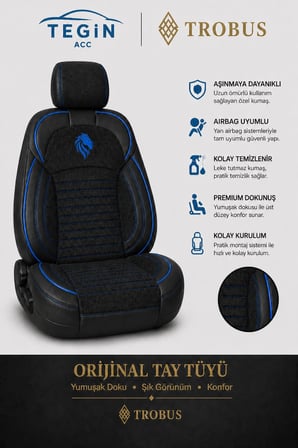 Hyundai i30 2007 ve Sonrası Araca Uyumlu Premium Tay Tüyü Koltuk Kılıfı Liona Serisi Siyah Mavi