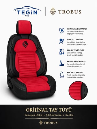 Peugeot 301 2012 ve Sonrası Araca Uyumlu Premium Tay Tüyü Koltuk Kılıfı Liona Serisi Kırmızı Siyah