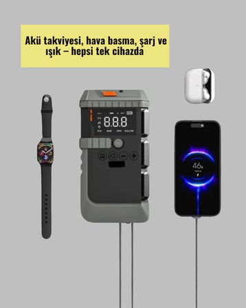 Şarjlı 12000 mAh Araç Akü Takviye ve Hava Kompresörü 4’ü 1 Arada - Lisinya