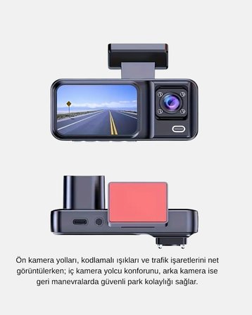 170° Geniş Açılı 3 Kameralı Araç İçi Kayıt Cihazı Gece Görüşlü - Lisinya